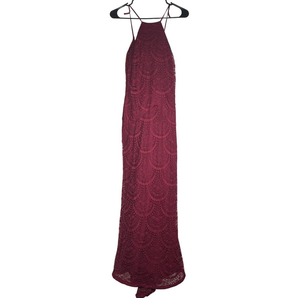 Trixxi Burgundy Lace Maxi Dress Size 7 Halter Open Back Prom Formal Gown